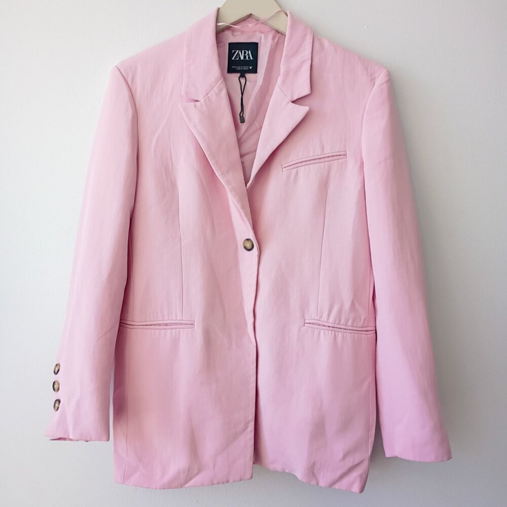 ZARA Oversized Light Pink Blazer Women’s Size XS | One Button Lined Pastel Chic